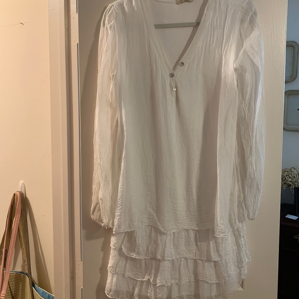 Sofia White Long-Sleeve Dress with Ruffle Hem